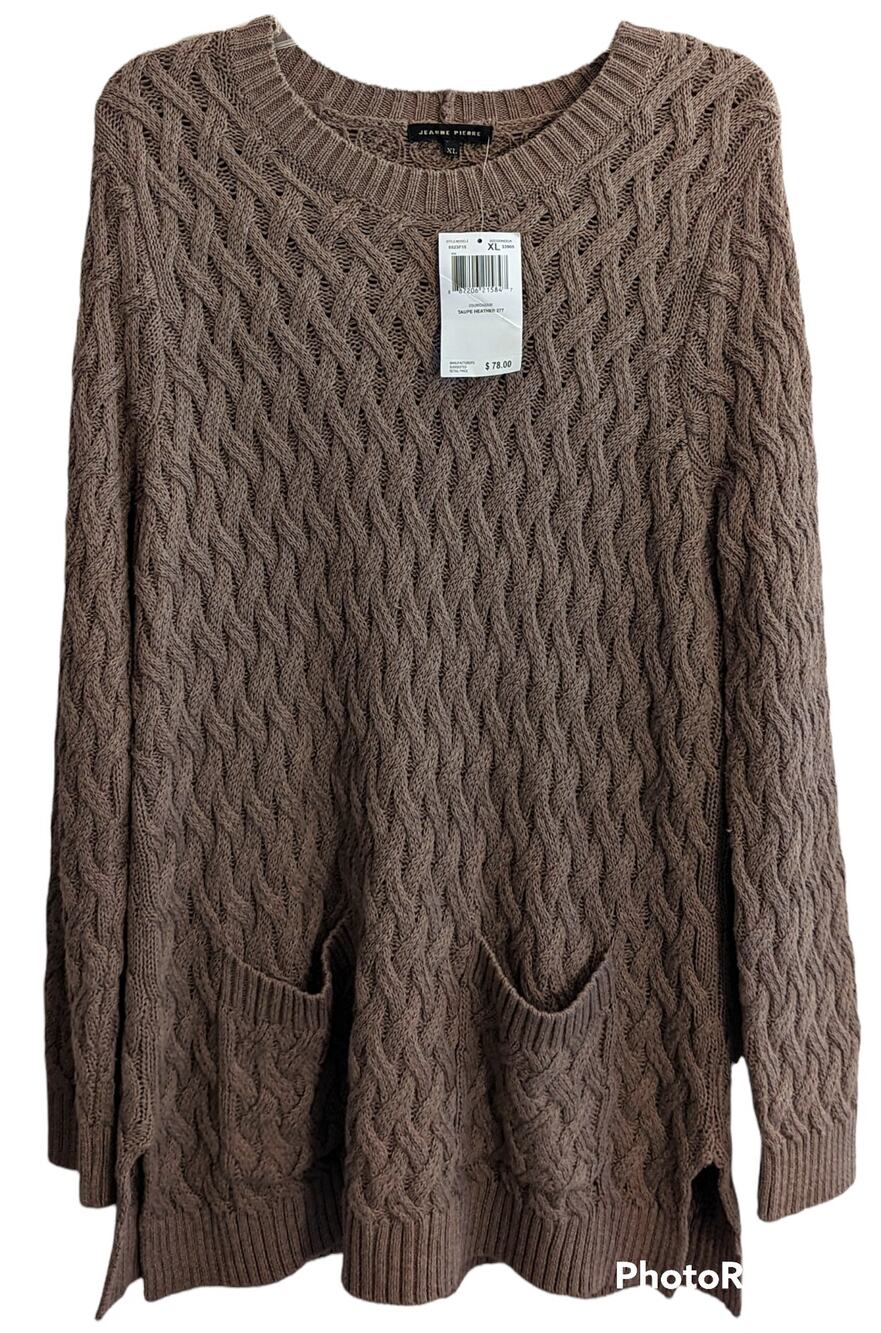 NWT Jeanne Pierre Taupe Cable Knit Pullover Tunic Sweater With Pockets Fall XL